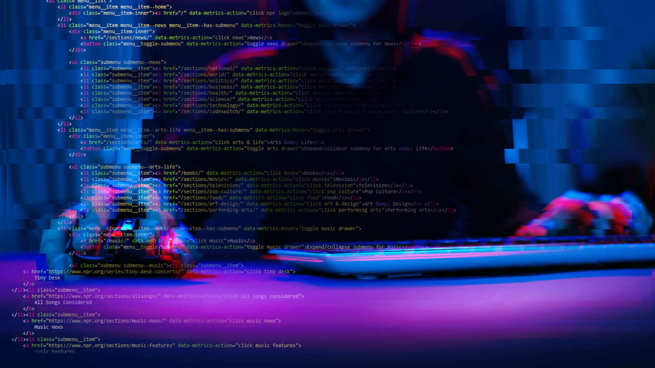 Hacker working with computer in dark room with digital interface around. Image with glitch effect.
